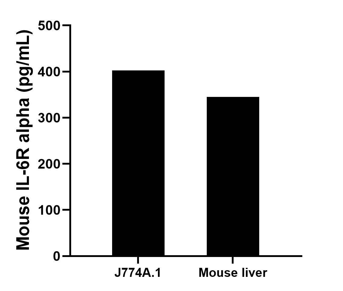 J774A.1 mouse reticulum cell sarcoma macrophage cells (1 x 106 cells/mL) were cultured for 3 days in DMEM containing 10% fetal bovine serum. An aliquot of the cell culture supernatants were removed, assayed for mouse IL-6R alpha, and measured 402.5 pg/mL.
Liver tissue from one mouse was homogenized and seeded into 100 mL of RPMI containing 10% fetal bovine serum, 2 mM L-glutamine, 100 U/mL penicillin, 100 μg/mL streptomycin sulfate, and 50 μM β-mercaptoethanol for 3 days. An aliquot of the cell culture supernate was removed, assayed for mouse IL-6R alpha, and measured 345.1 pg/mL.